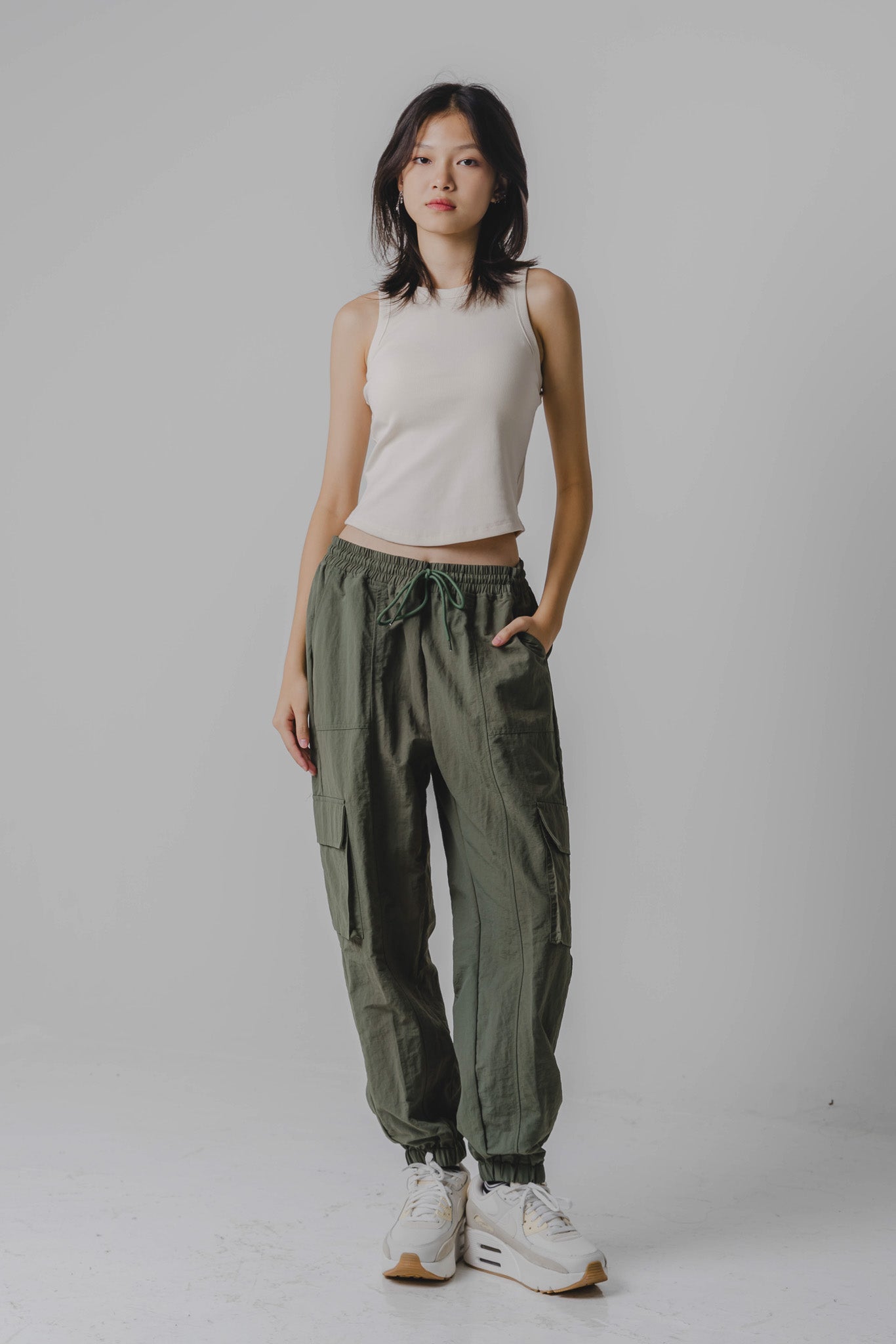 【SATIIIZ】Milly Nylon String Cargo Pants Zach Nylon Cargo Pants in Moss | Stranger