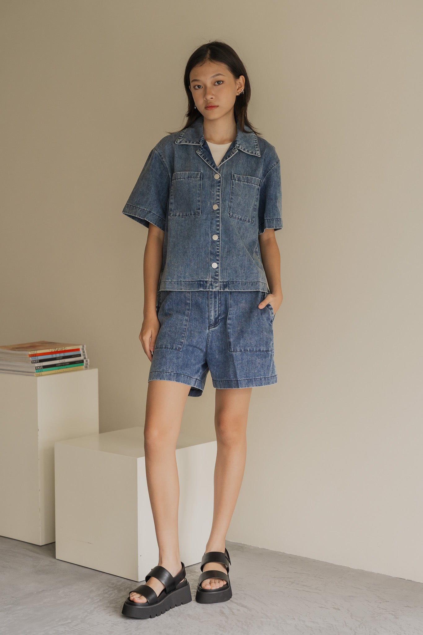 Oversized Denim Camp Collar Top in Mid Wash