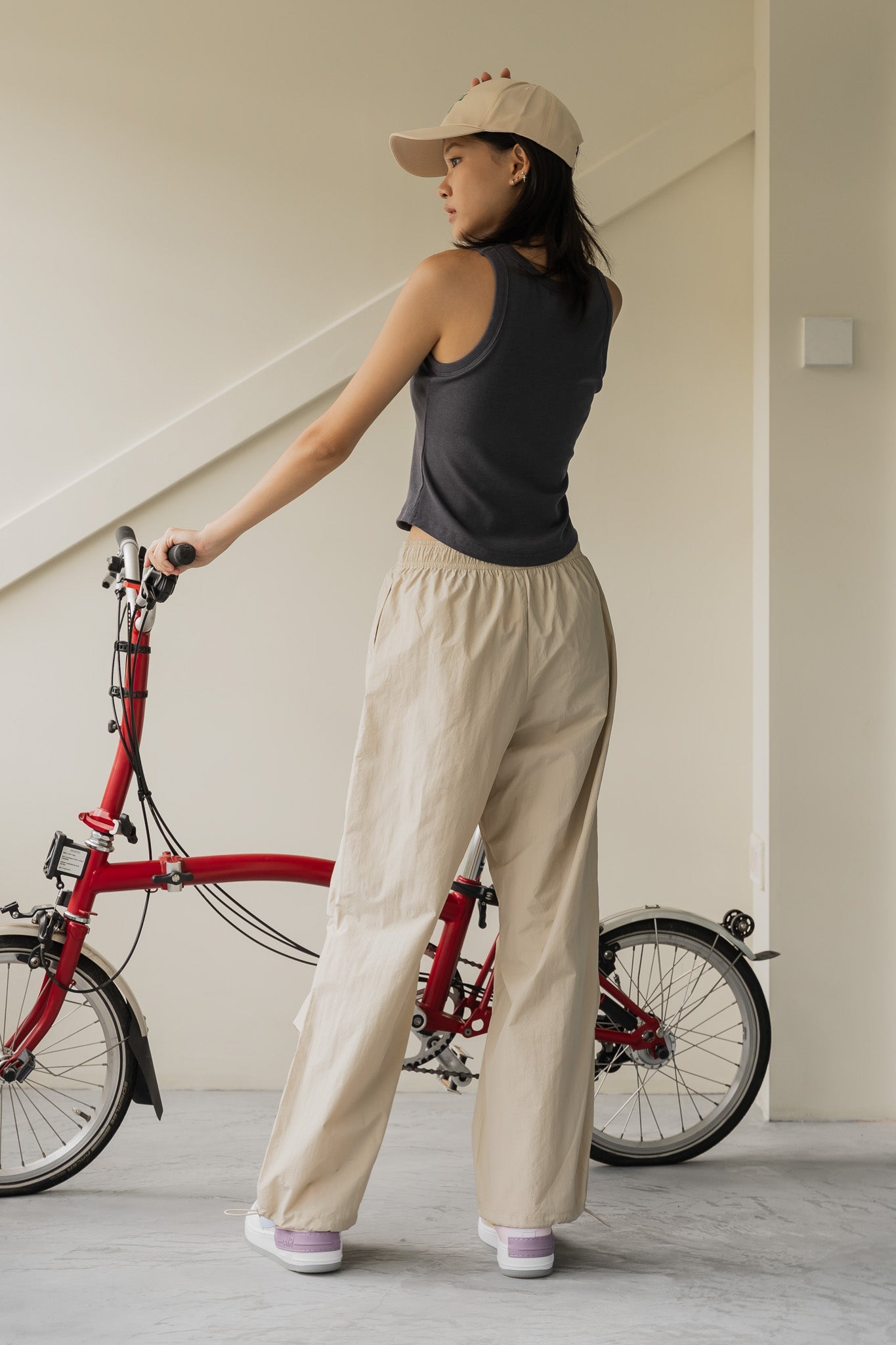 Pleat Detail Nylon Pants in Cream