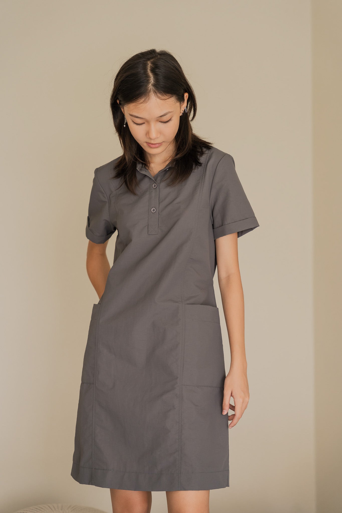 Nylon Shirt Shift Dress in Ash