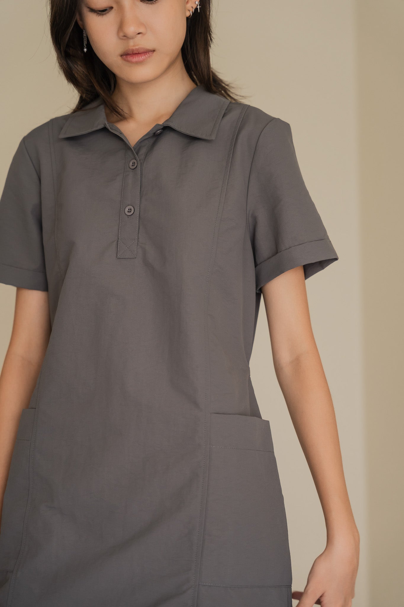 Nylon Shirt Shift Dress in Ash