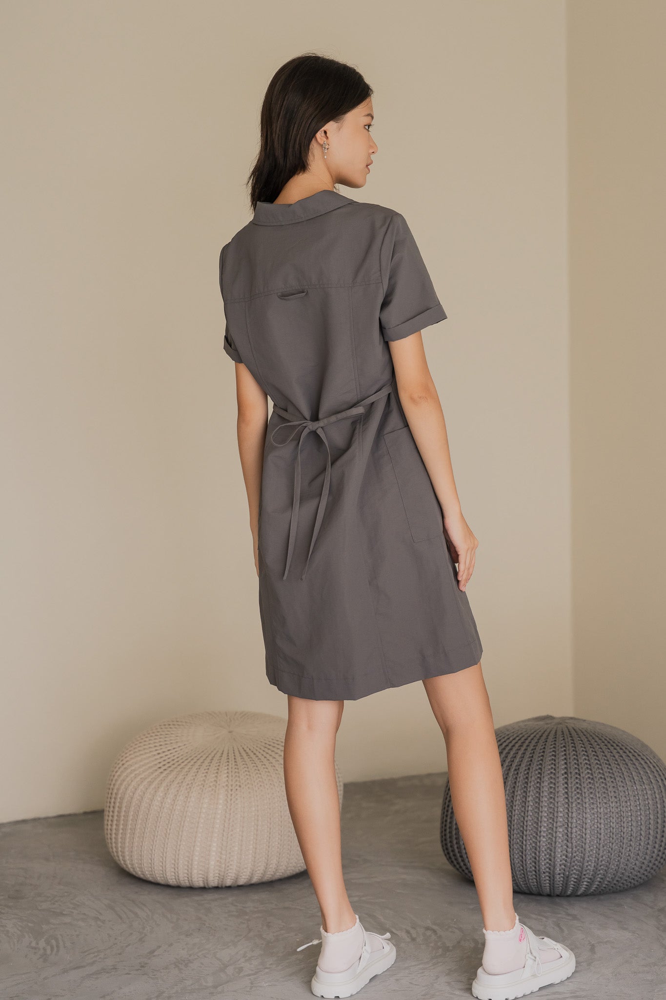 Nylon Shirt Shift Dress in Ash