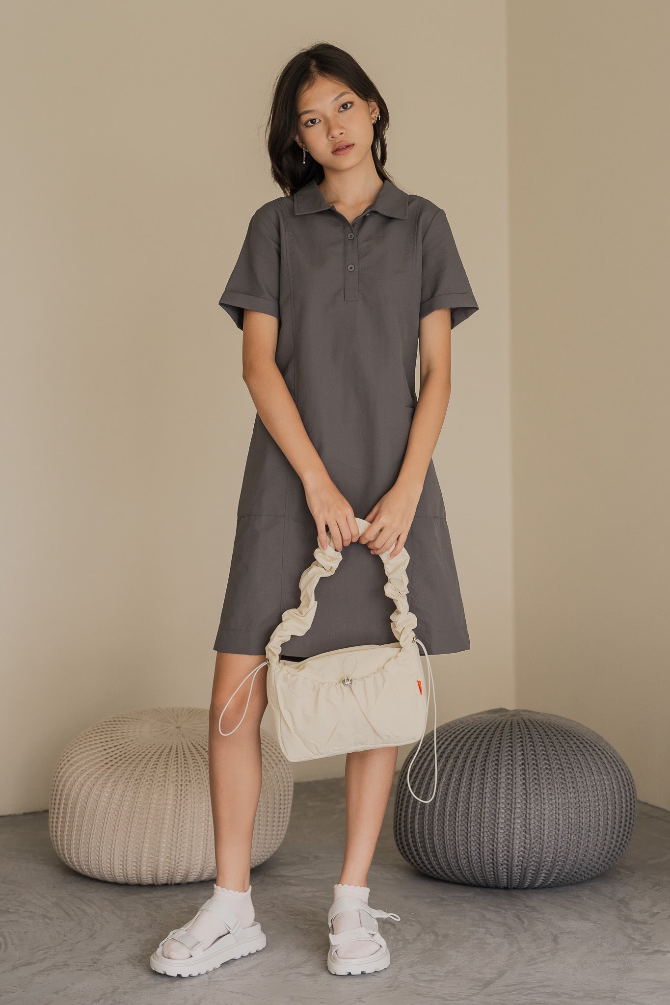 Nylon Shirt Shift Dress in Ash