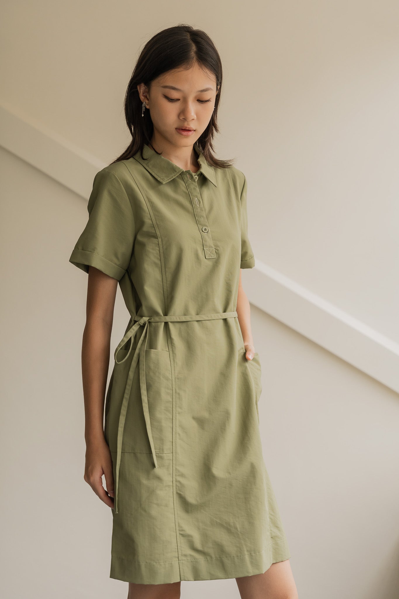 Nylon Shirt Shift Dress in Olive