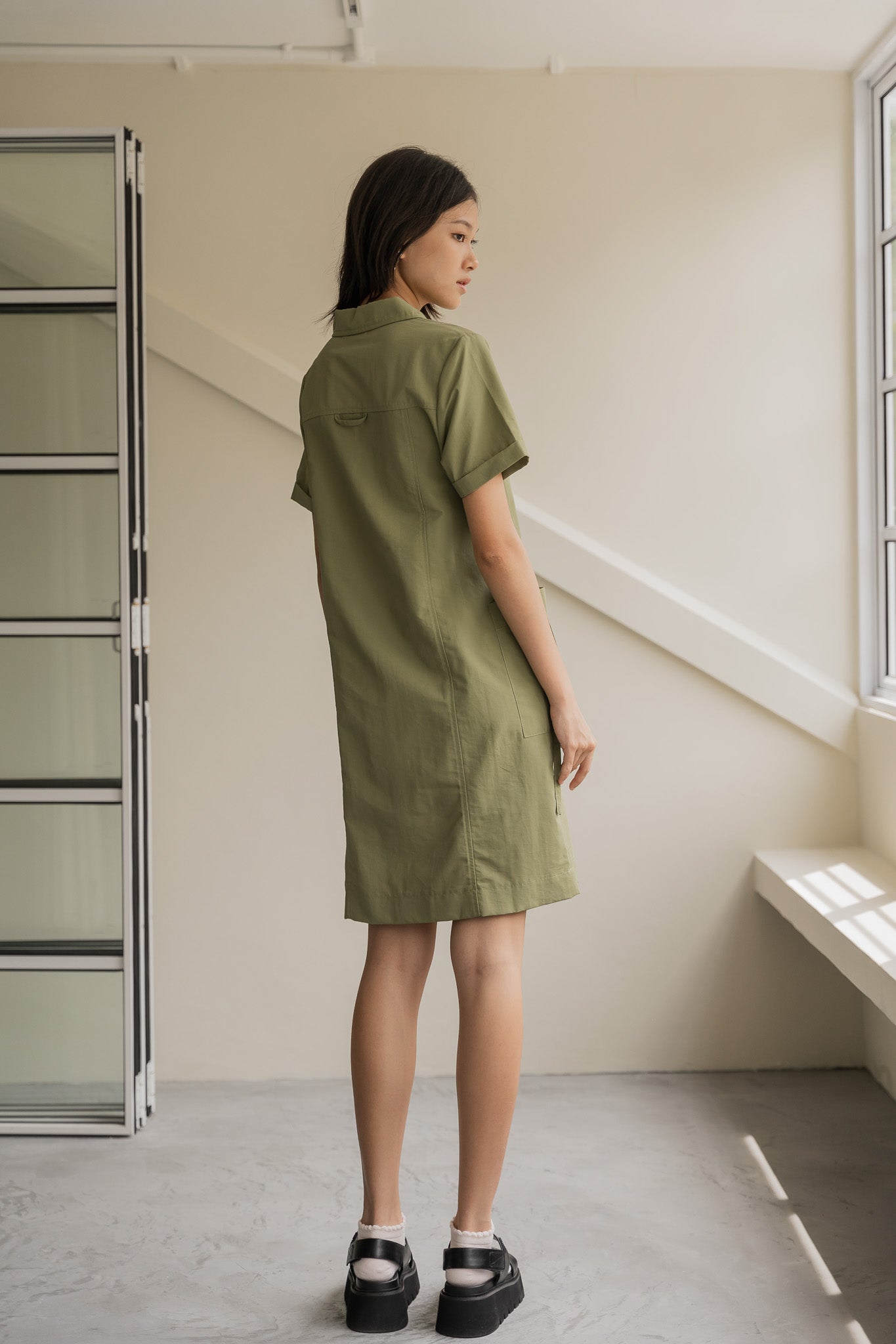 Nylon Shirt Shift Dress in Olive