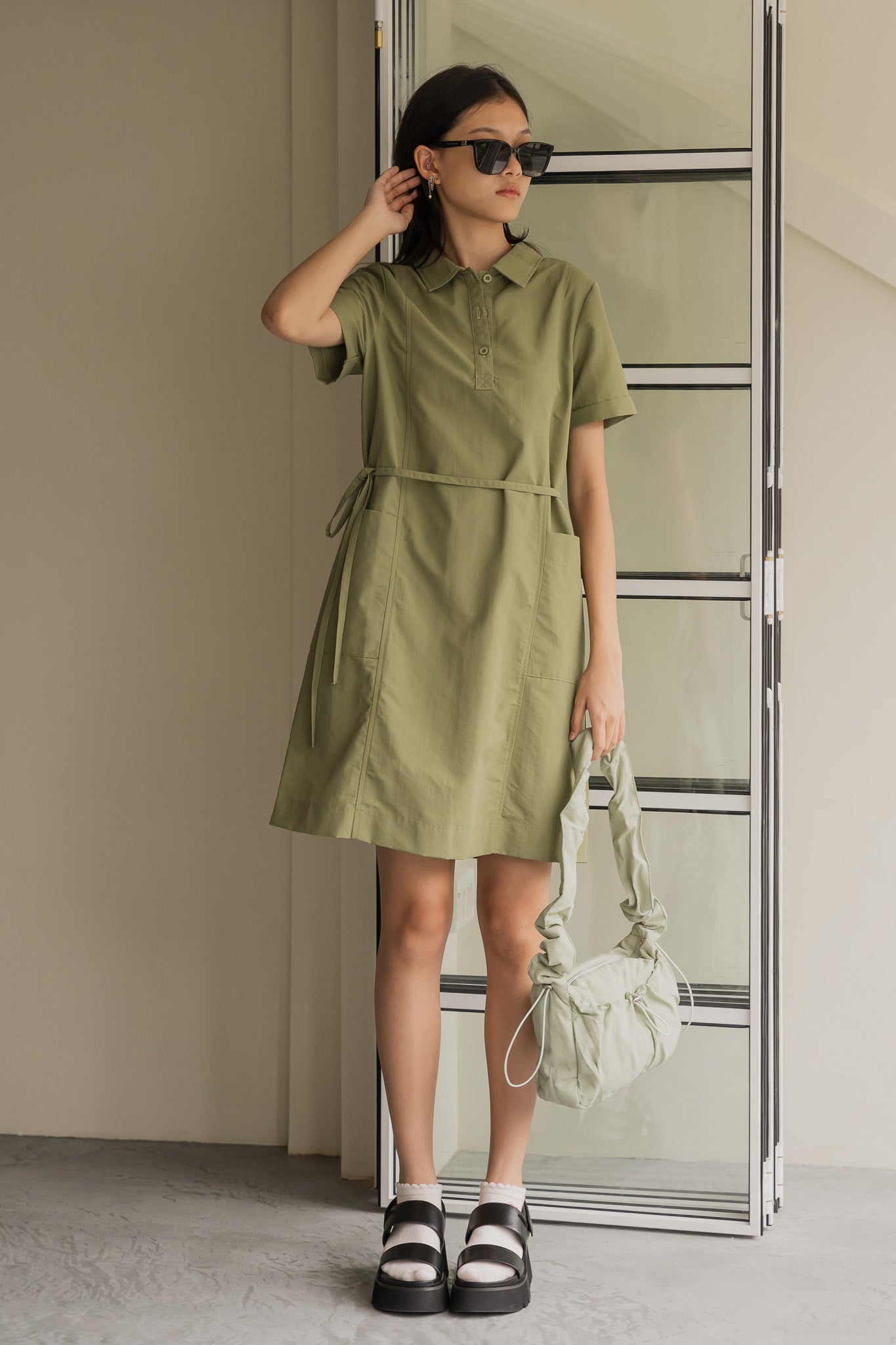 Nylon Shirt Shift Dress in Olive