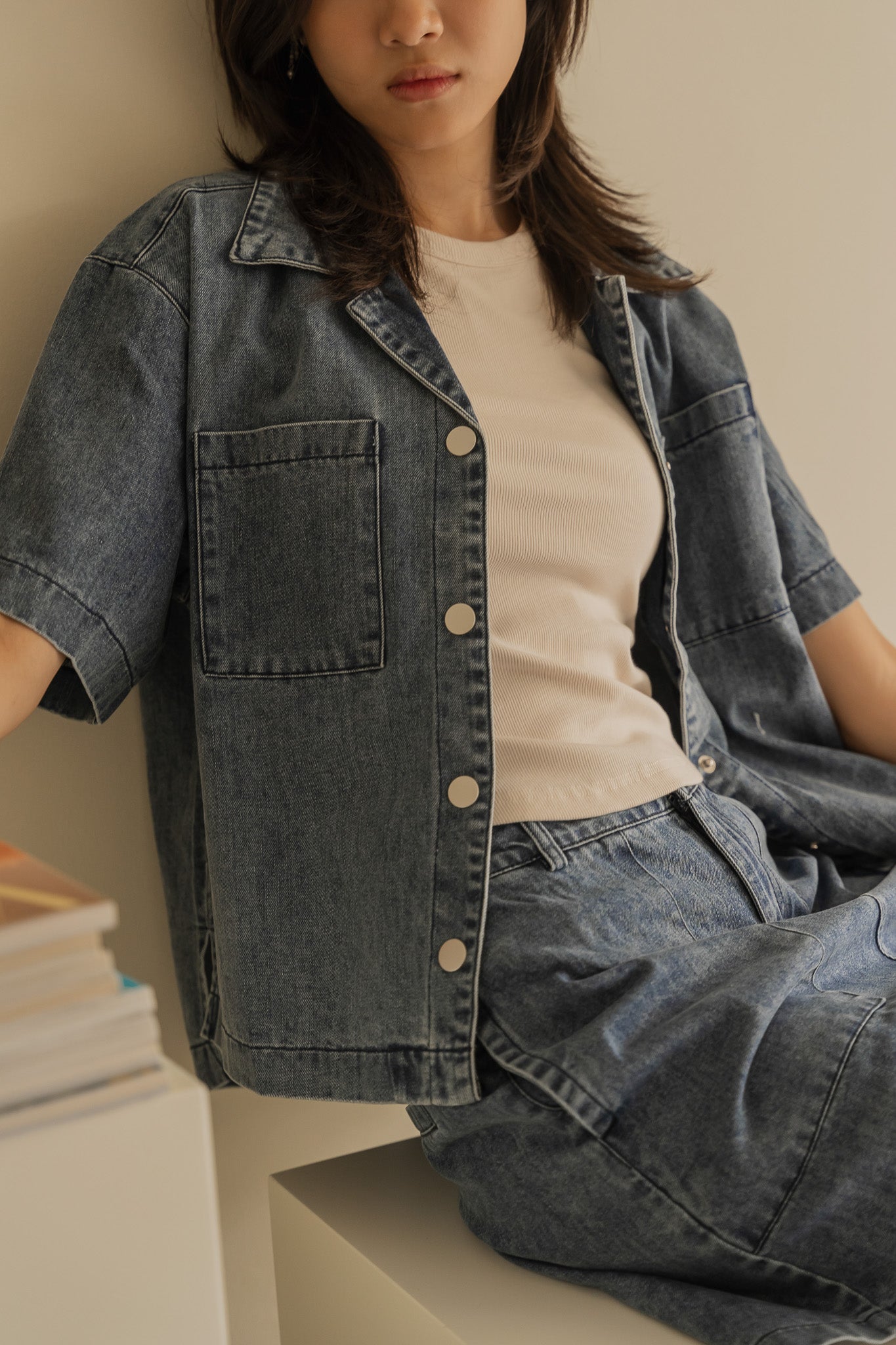 Oversized Denim Camp Collar Top in Mid Wash