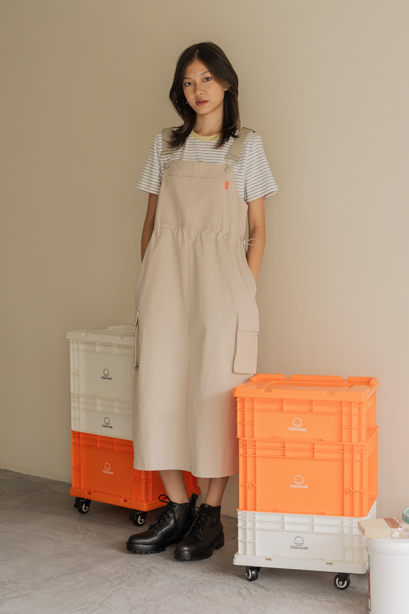 Utility Dungaree Dress in Cream