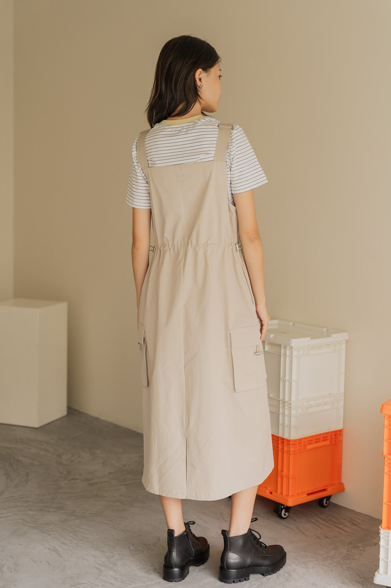 Utility Dungaree Dress in Cream