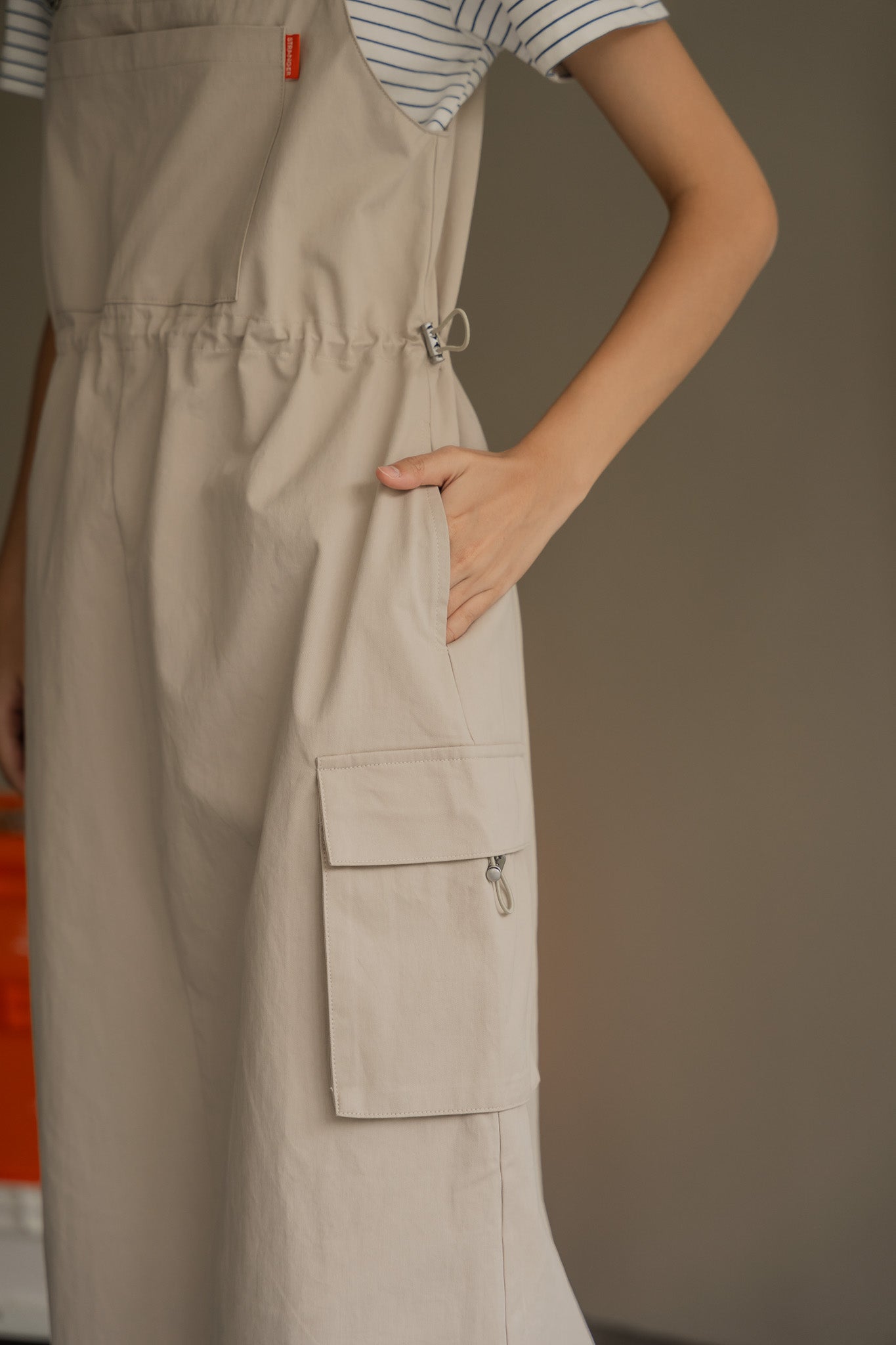 Utility Dungaree Dress in Cream