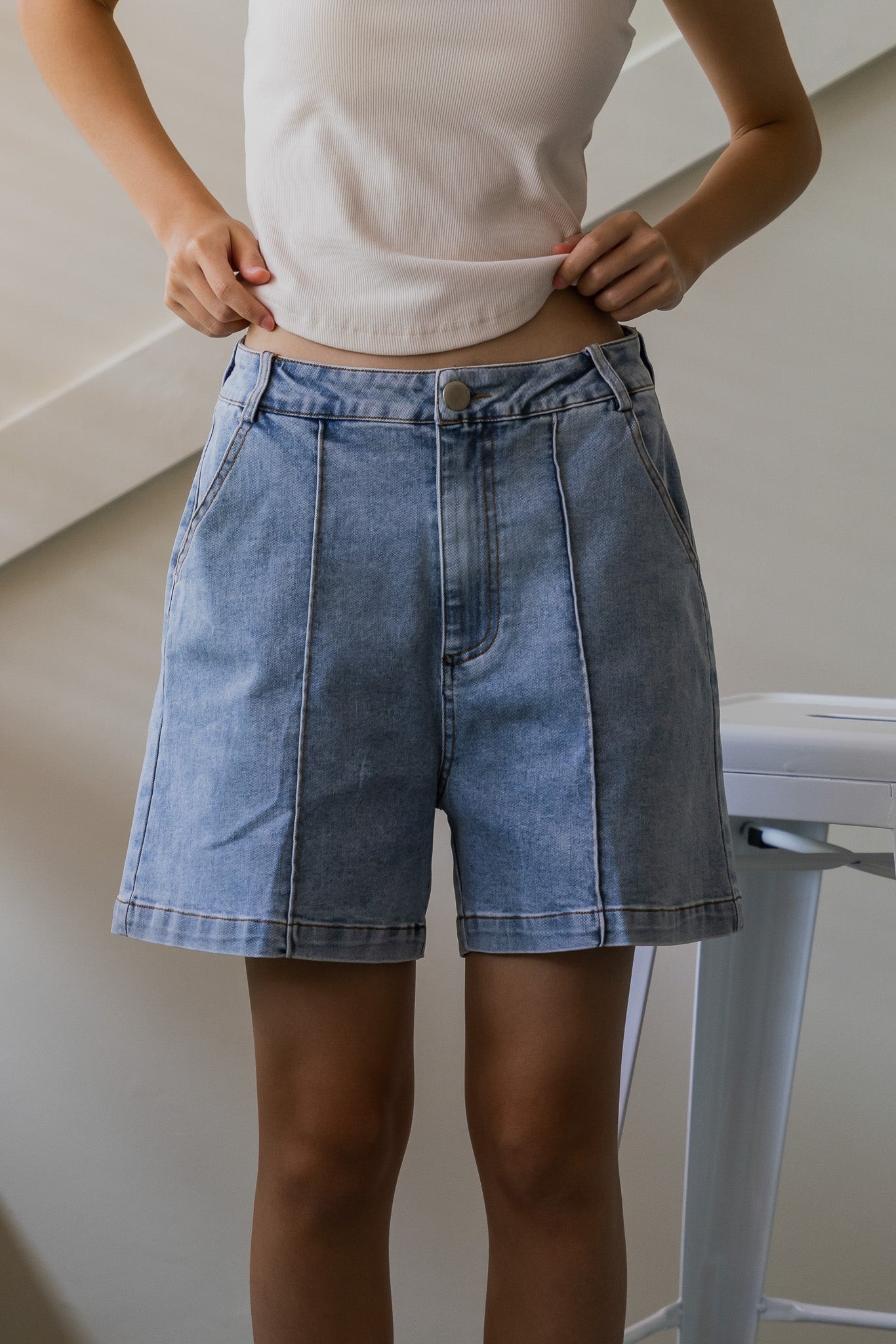 Pipe Detail Denim Shorts in Light Wash