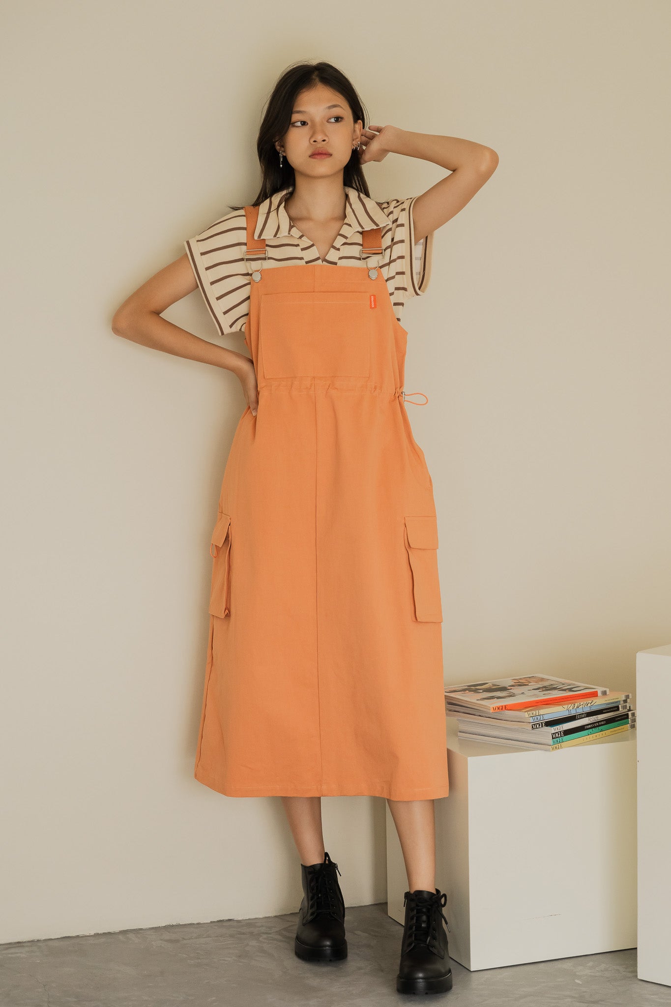 Utility Dungaree Dress in Orange