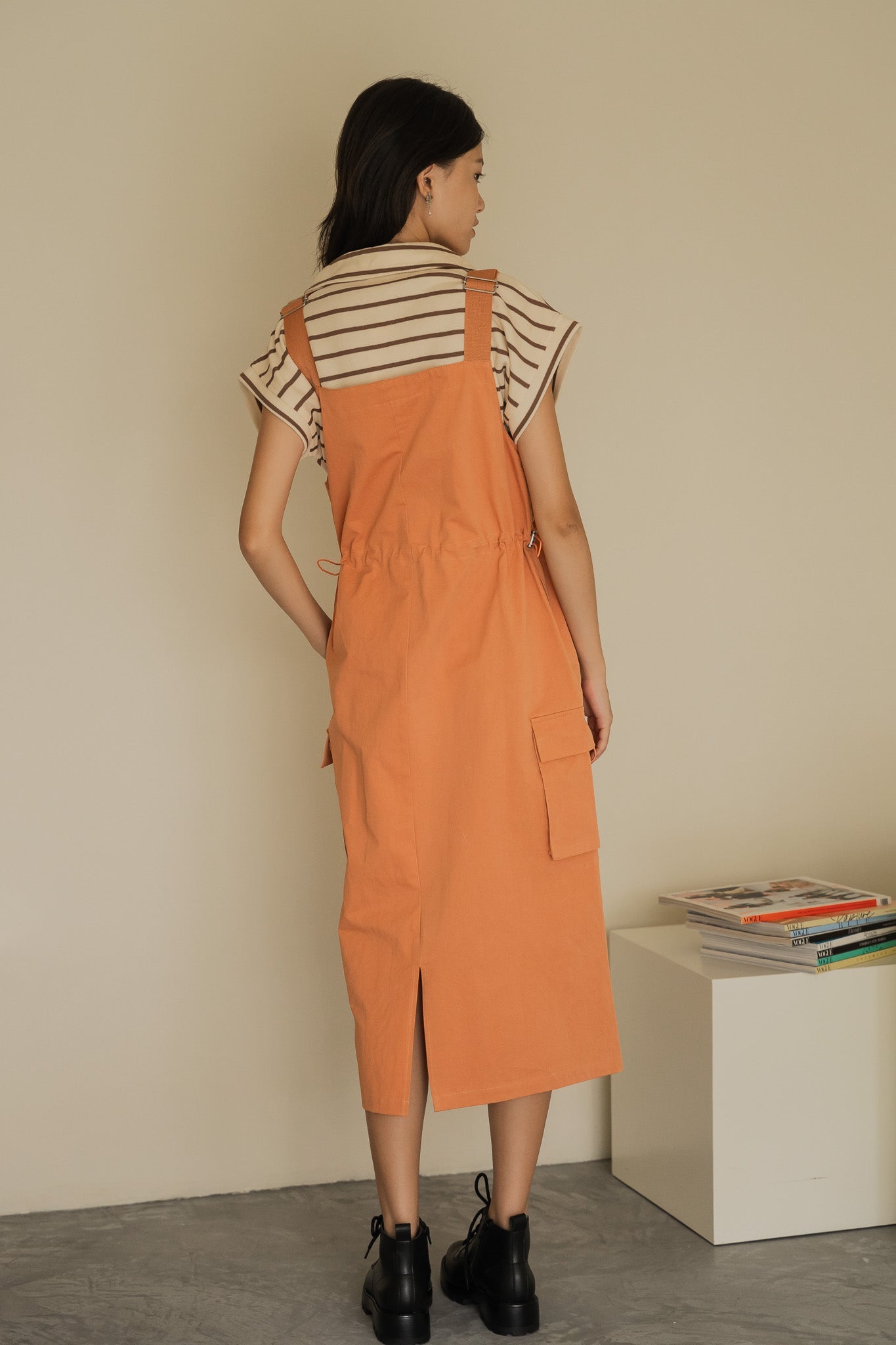 Utility Dungaree Dress in Orange