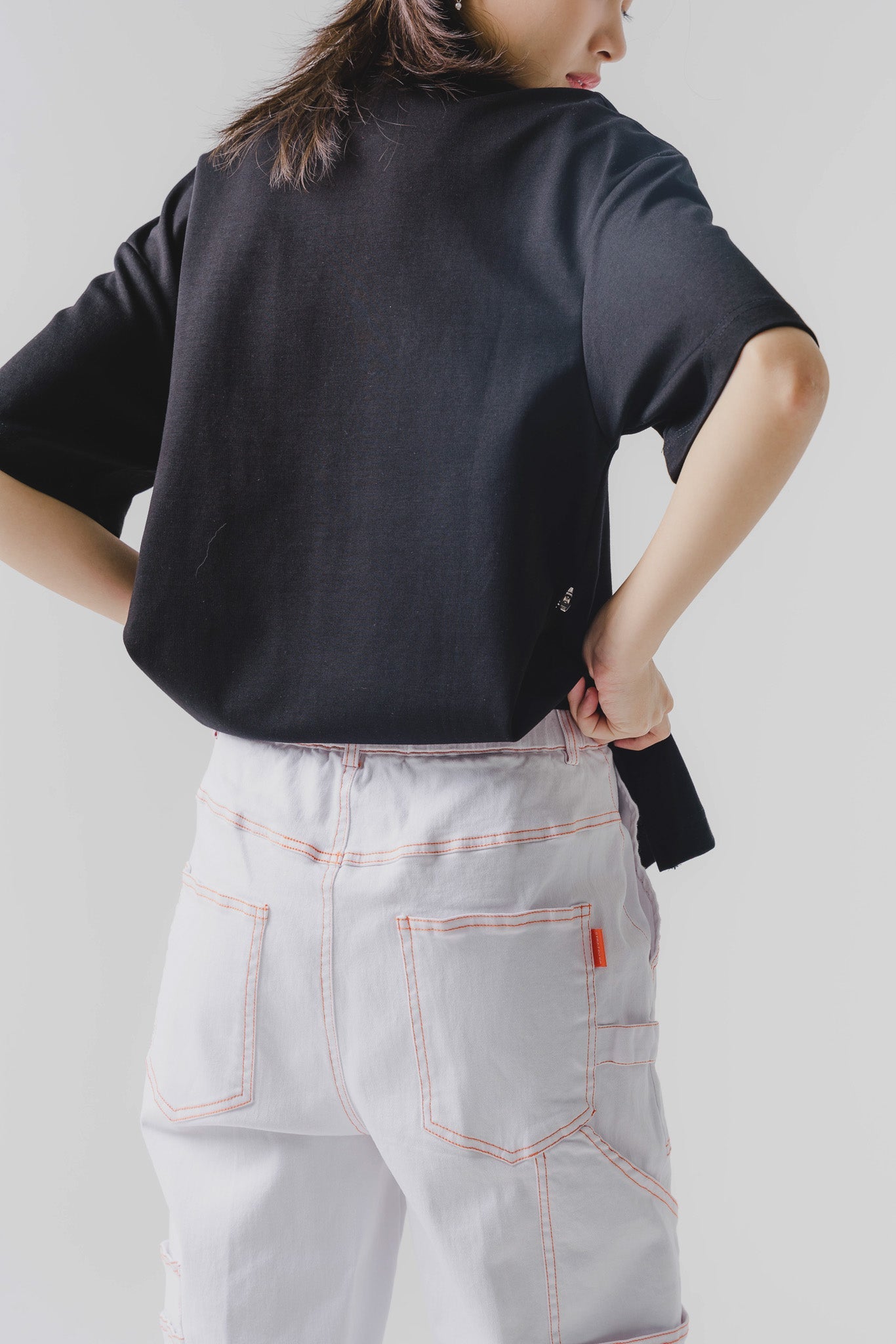 Contrast Stitch Denim Cargo Pants in White/Orange