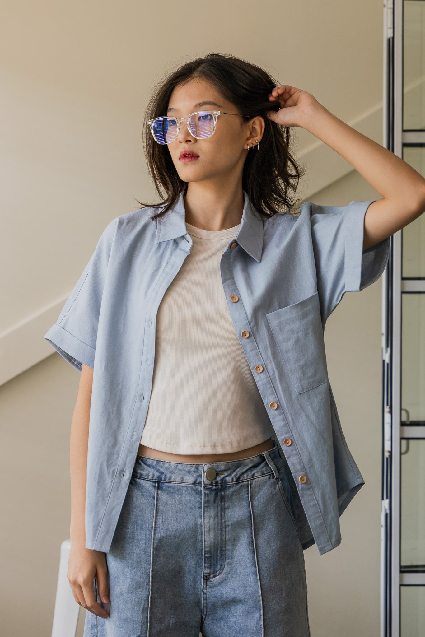 Relaxed Fit Linen Shirt in Light Blue