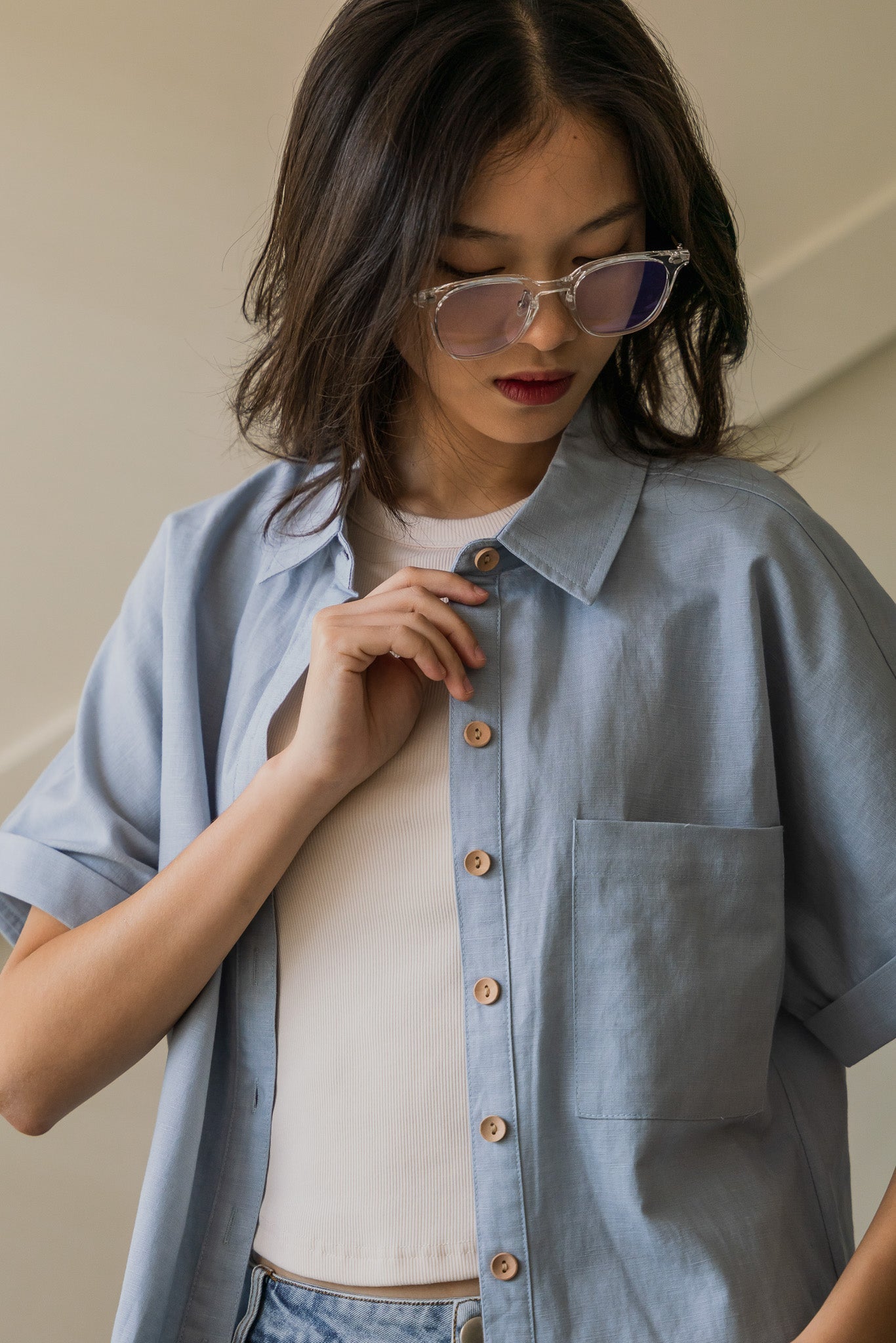 Relaxed Fit Linen Shirt in Light Blue