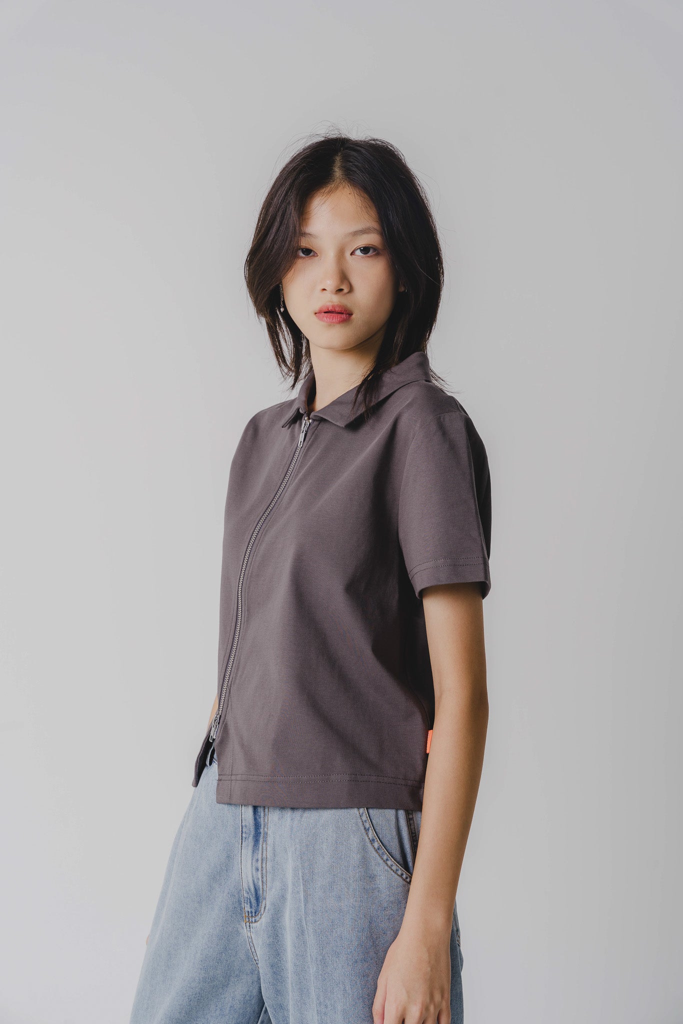 Slant Zip Cropped Polo Tee in Dark Grey