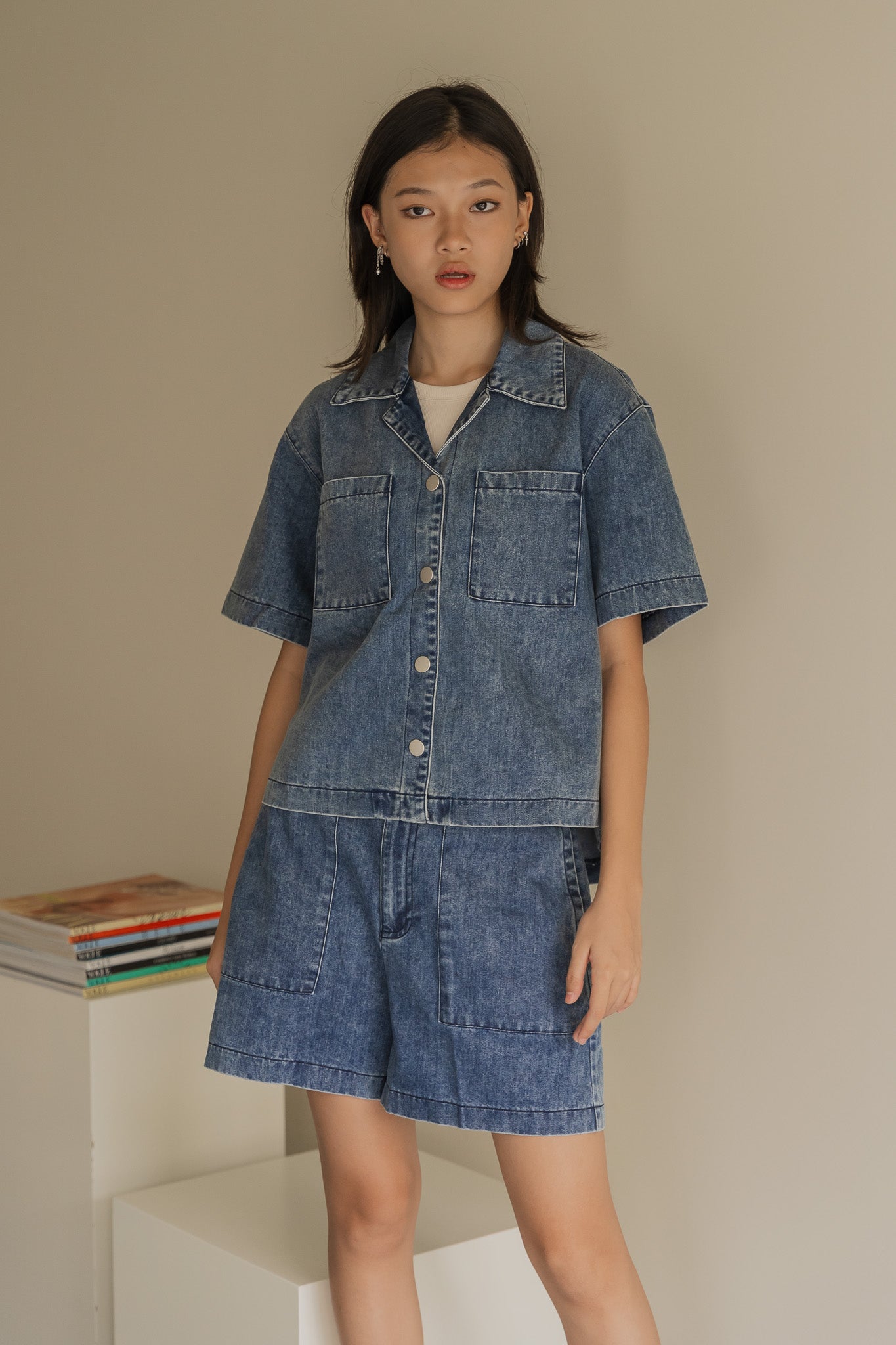 Oversized Denim Camp Collar Top in Mid Wash