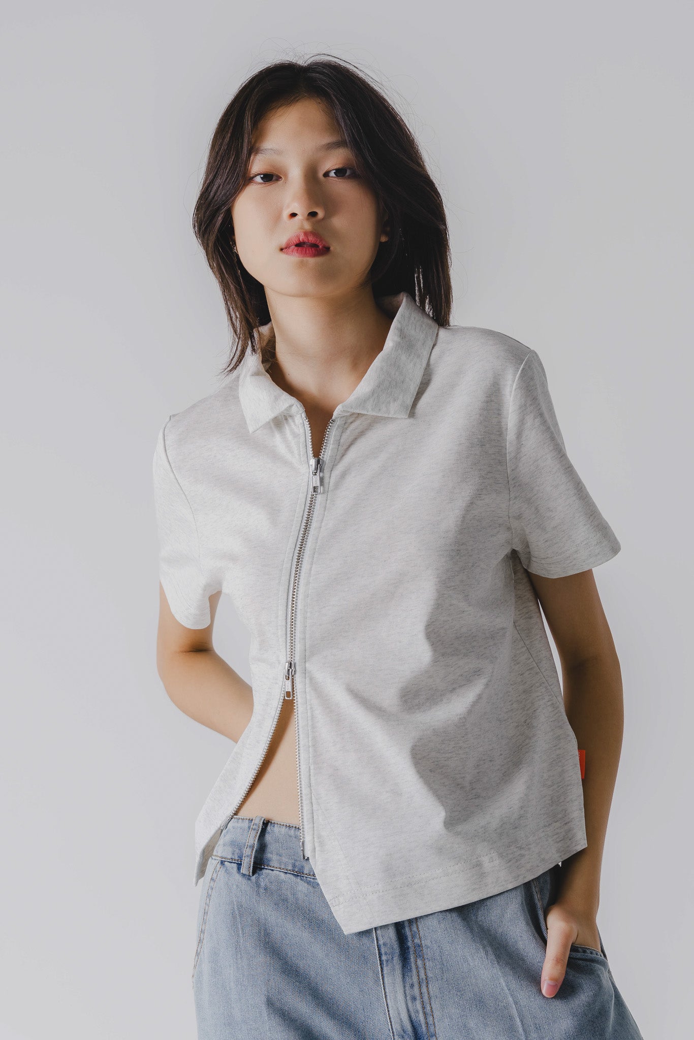 Slant Zip Cropped Polo Tee in Light Grey