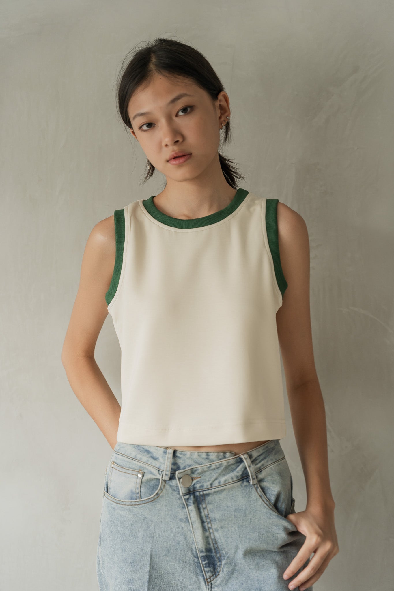 Scuba Knit Sleeveless Cropped Top in Cream/Green