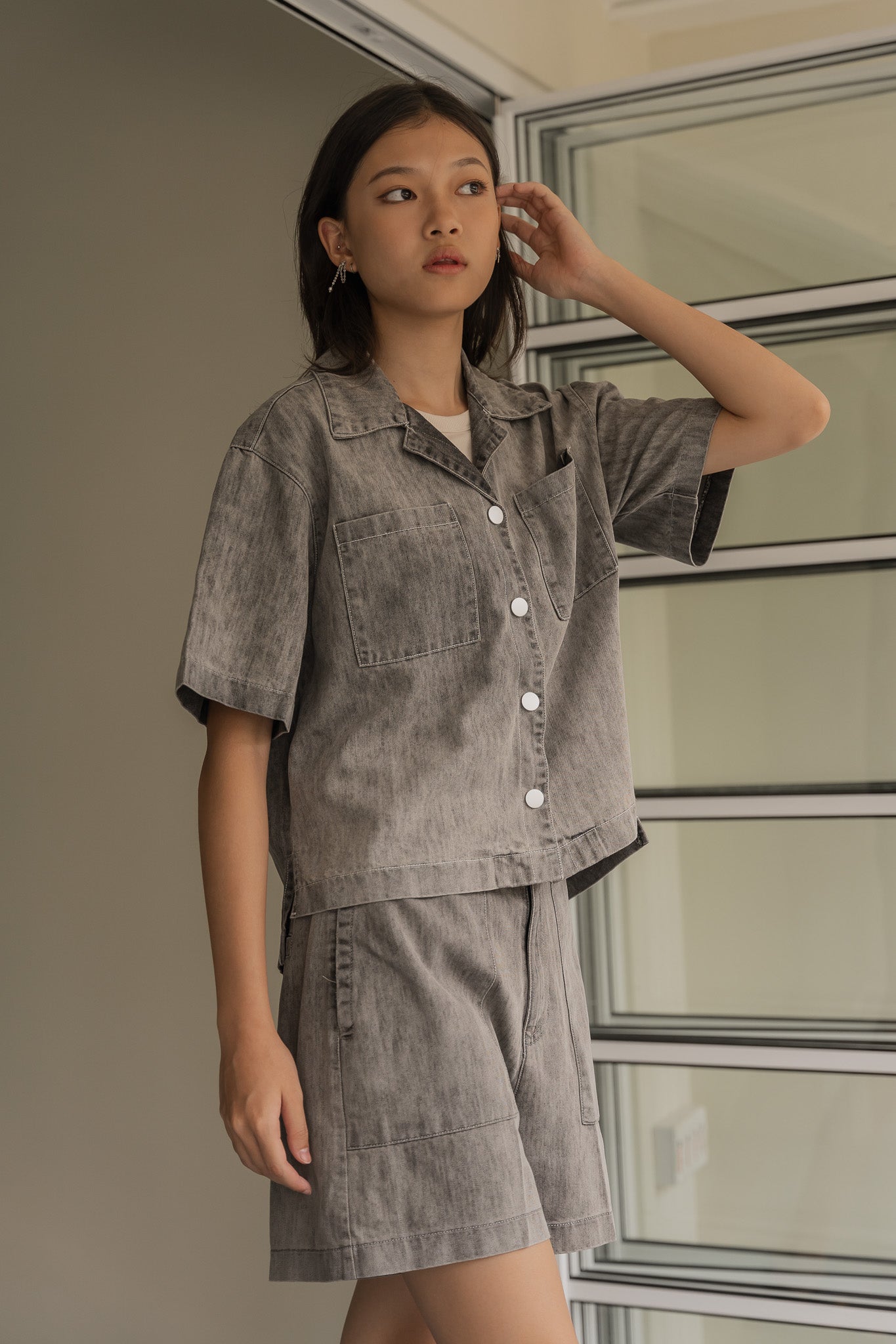 Oversized Denim Camp Collar Top in Light Grey