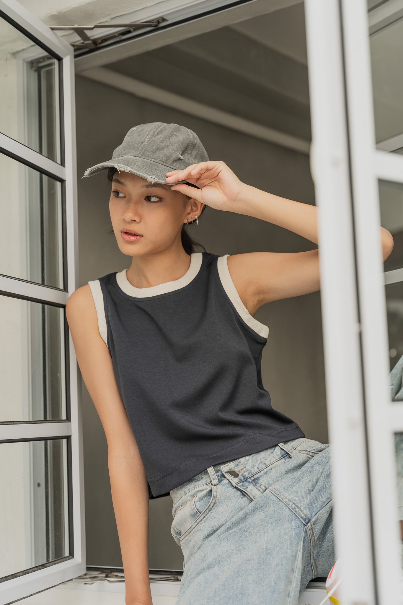 Scuba Knit Sleeveless Cropped Top in Navy/Cream