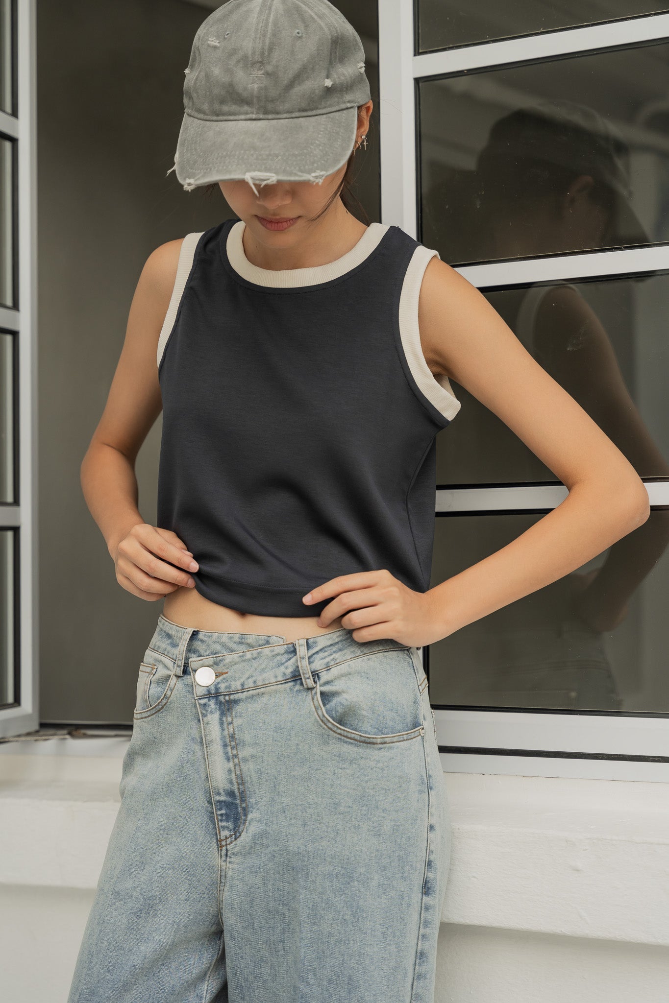 Scuba Knit Sleeveless Cropped Top in Navy/Cream