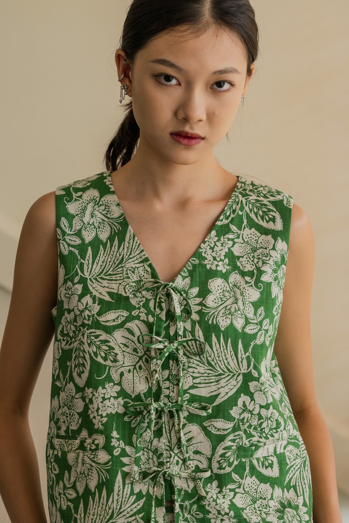 Heritage Printed Knot Tie Vest Top in Fern