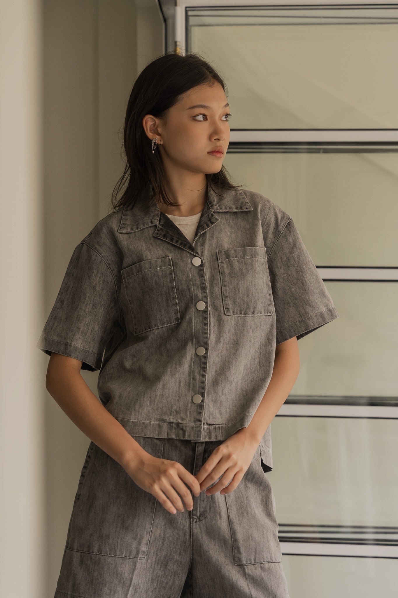 Oversized Denim Camp Collar Top in Light Grey