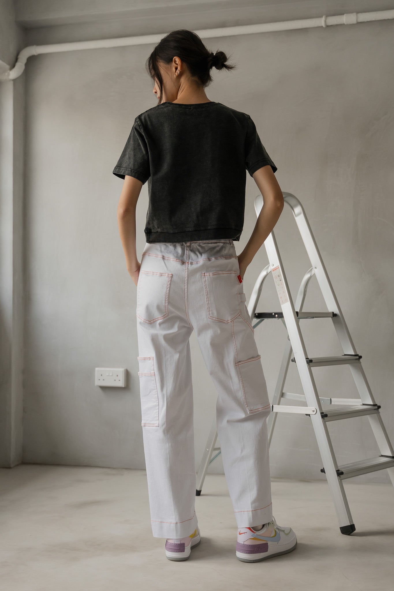 Contrast Stitch Denim Cargo Pants in White/Orange