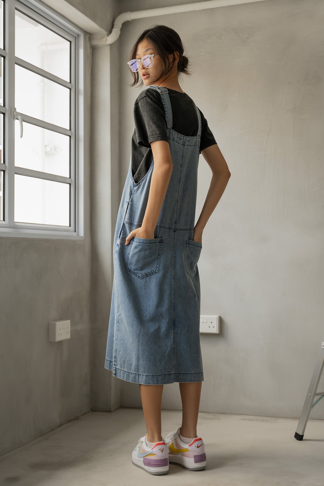 Side Slit Denim Dungaree Dress in Light Wash