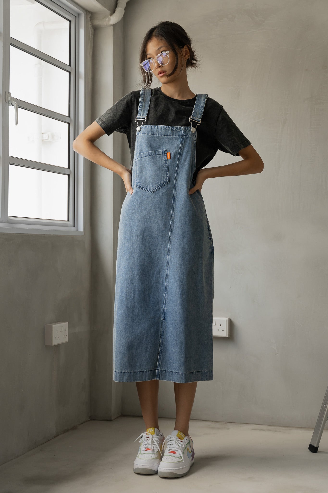 Knee Length Denim Overall Dress Denim Jumper Skirt Knee Length