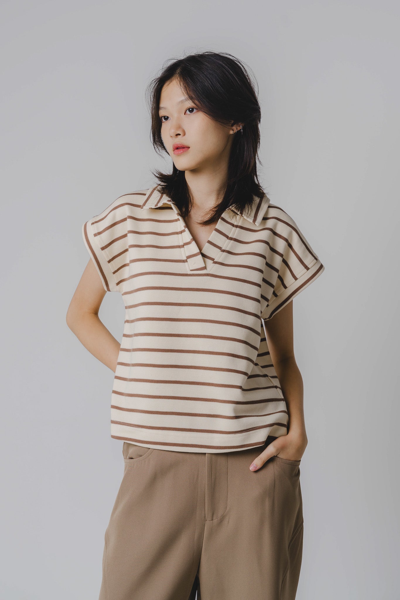 Striped Polo Tee in Khaki