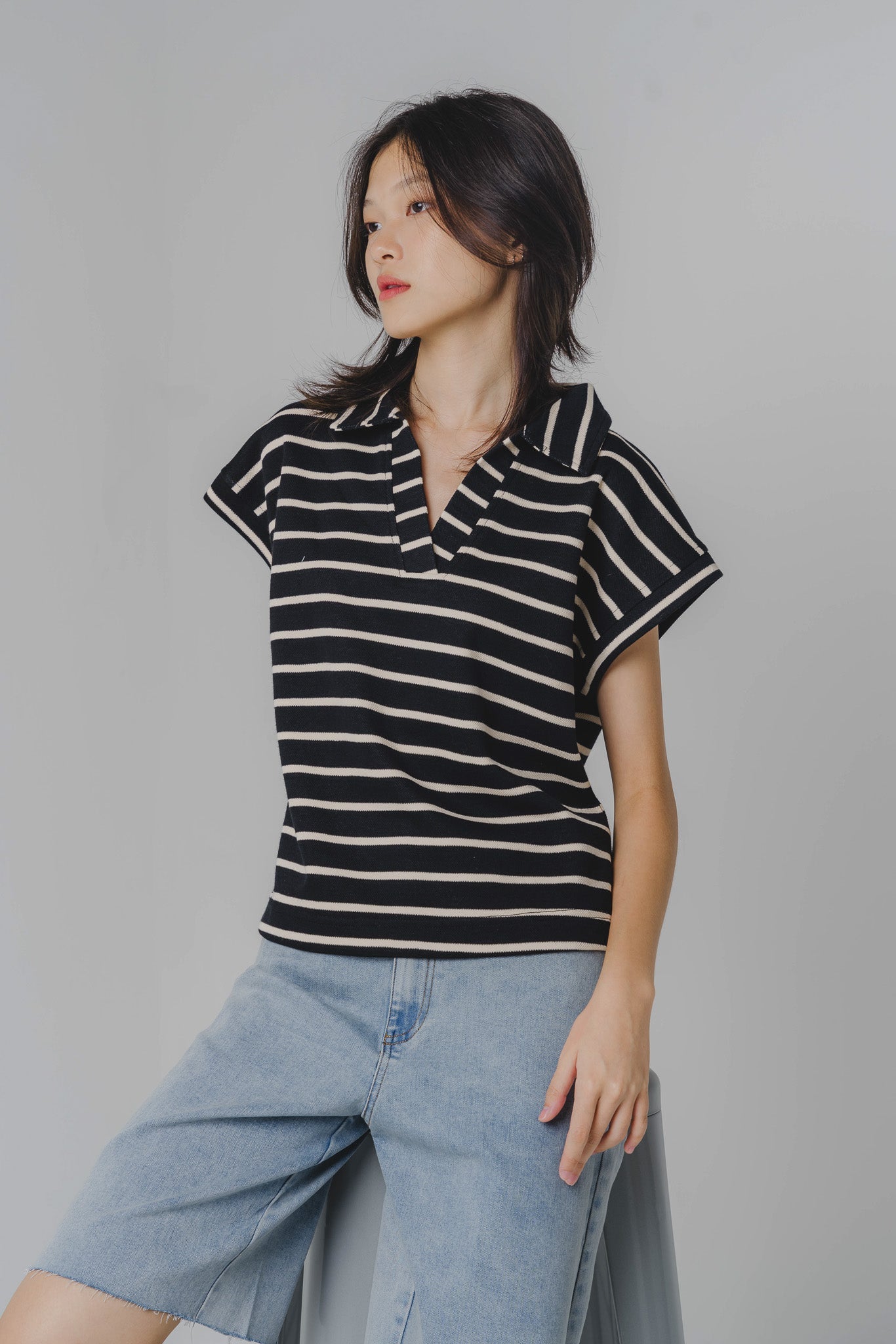 Striped Polo Tee in Black