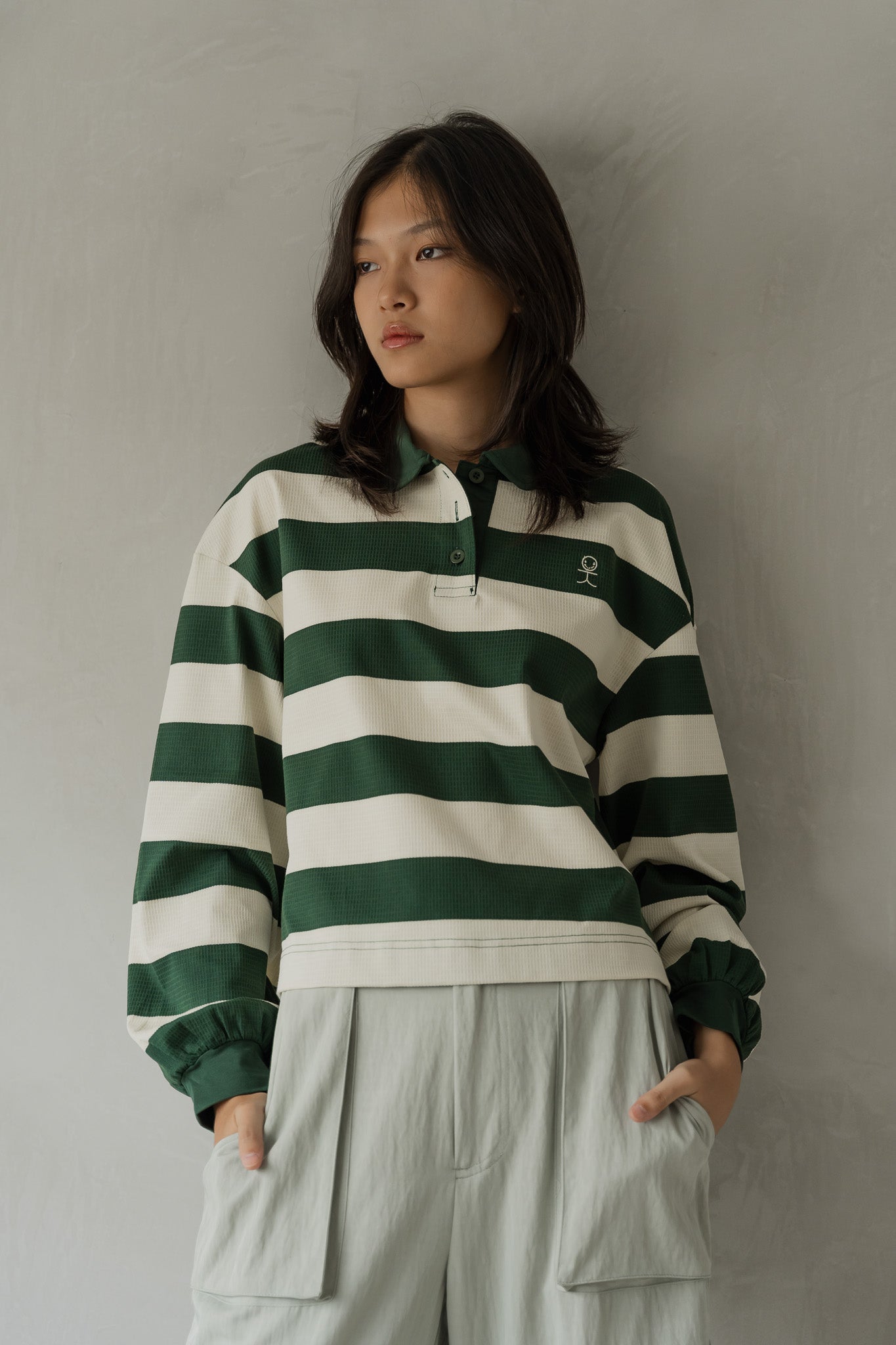 Striped Long Sleeve Polo in Green