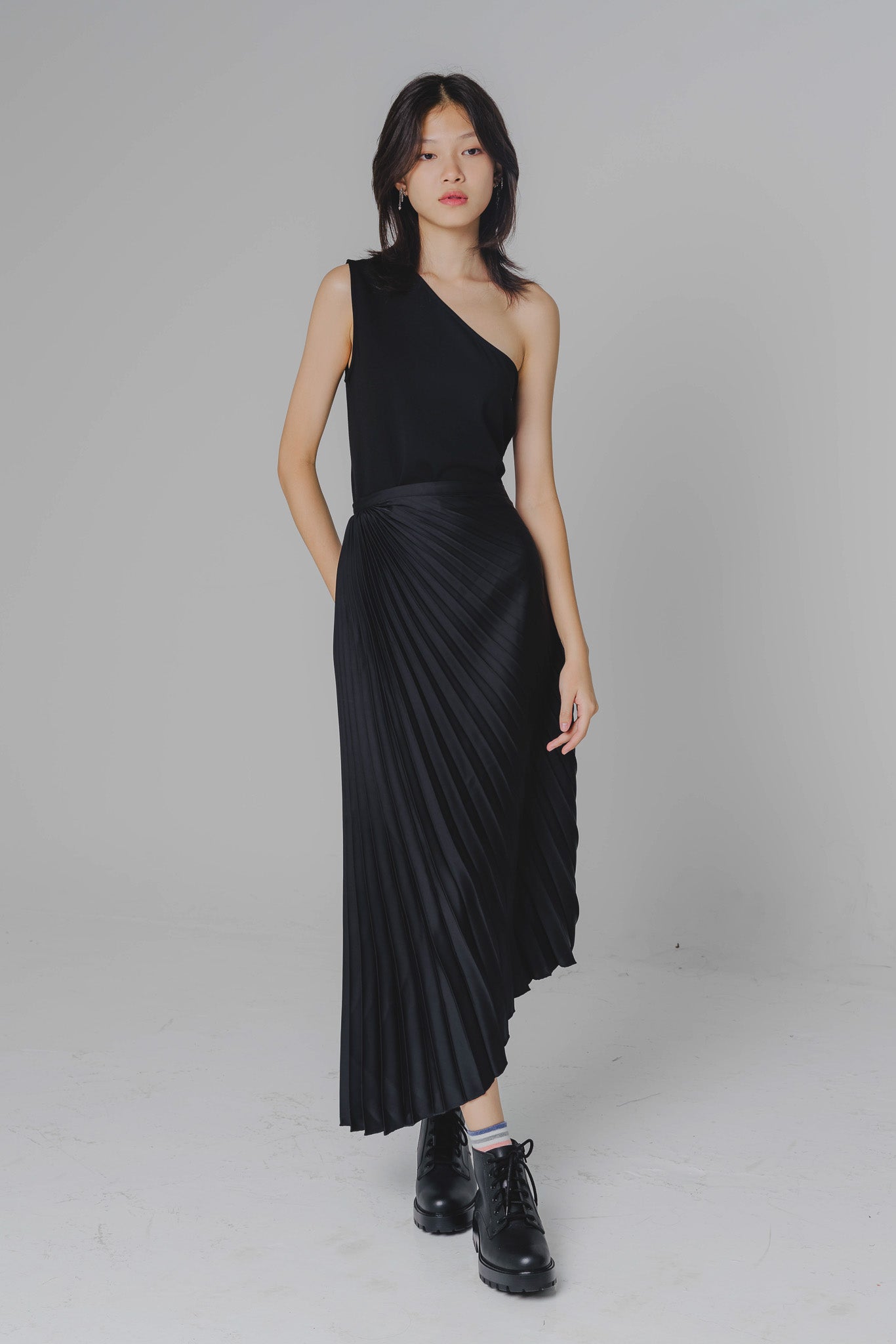 Asymmetrical Pleated Skirt in Black