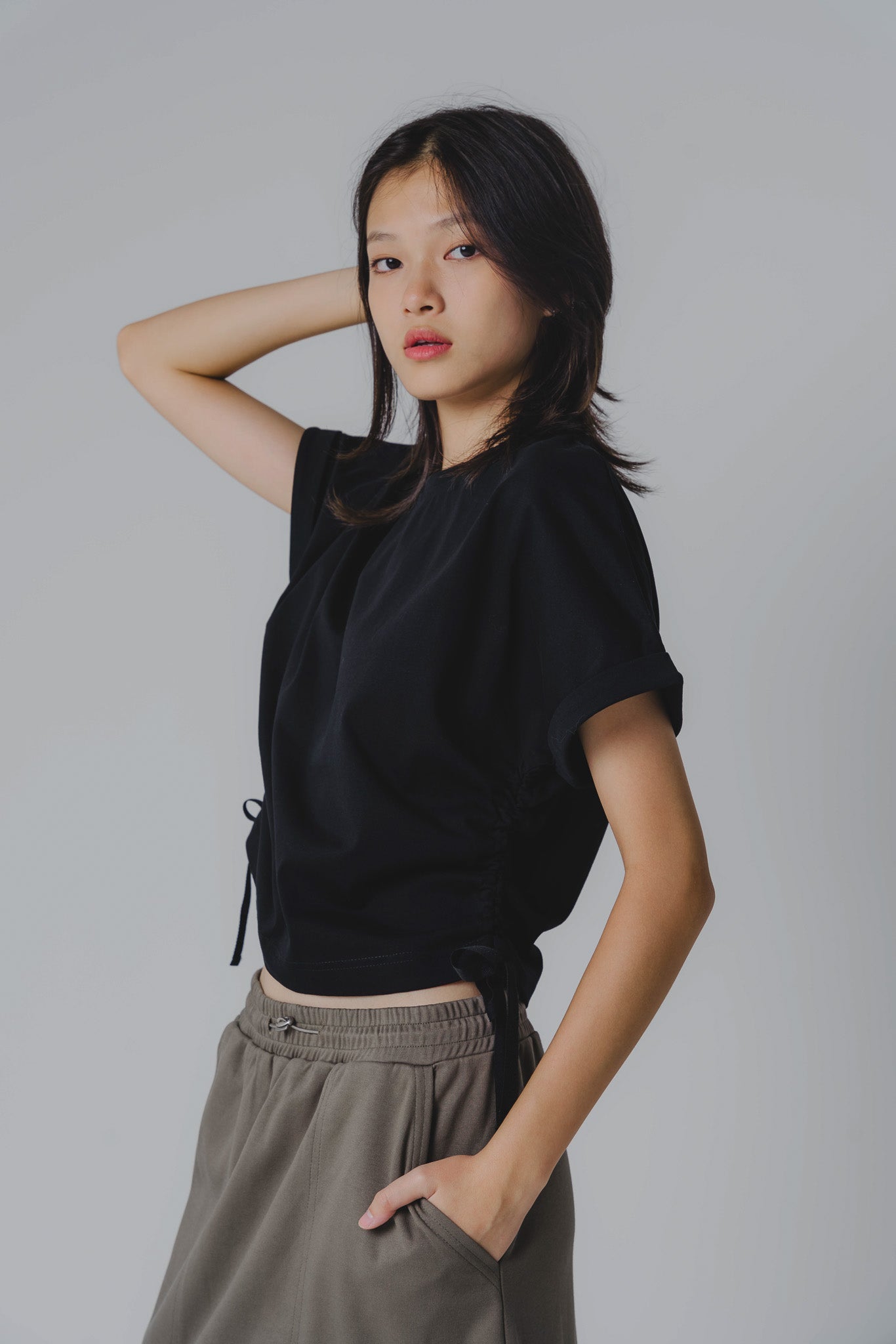 Side Ruched Cap Sleeve Top in Black