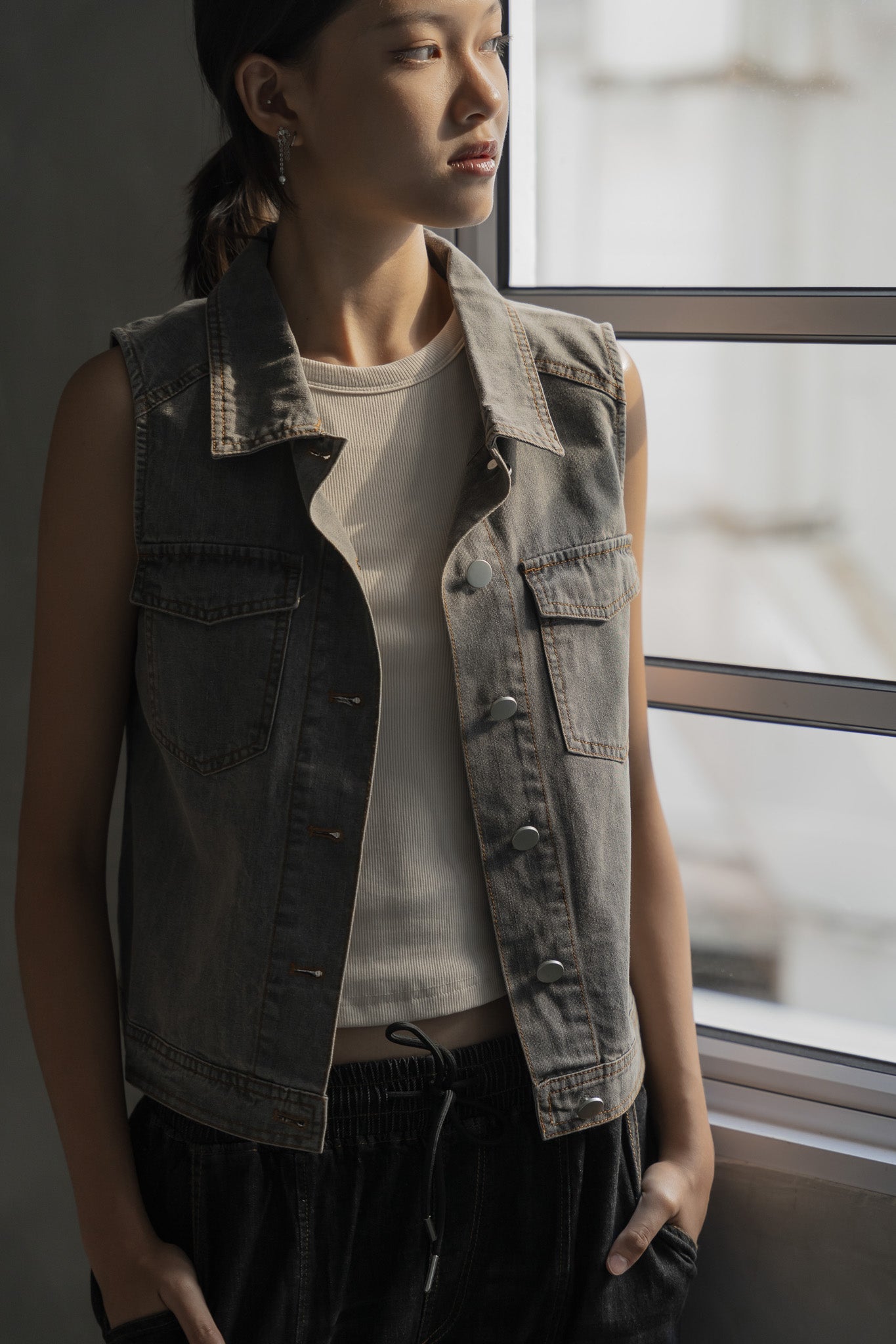 Denim Vest Top in Grey