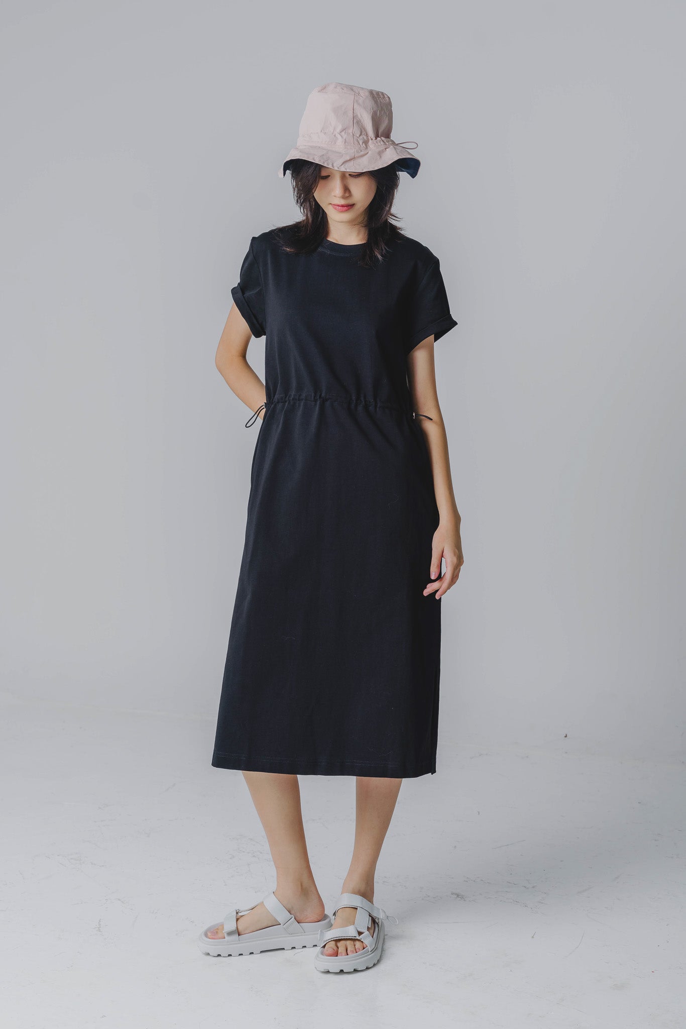 Drawstring Waist T-shirt Dress in Black