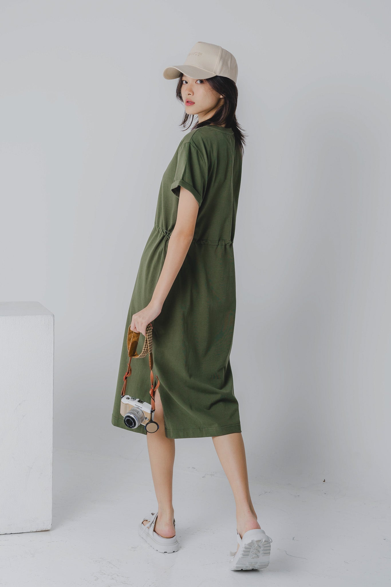 Drawstring Waist T-shirt Dress in Army Green