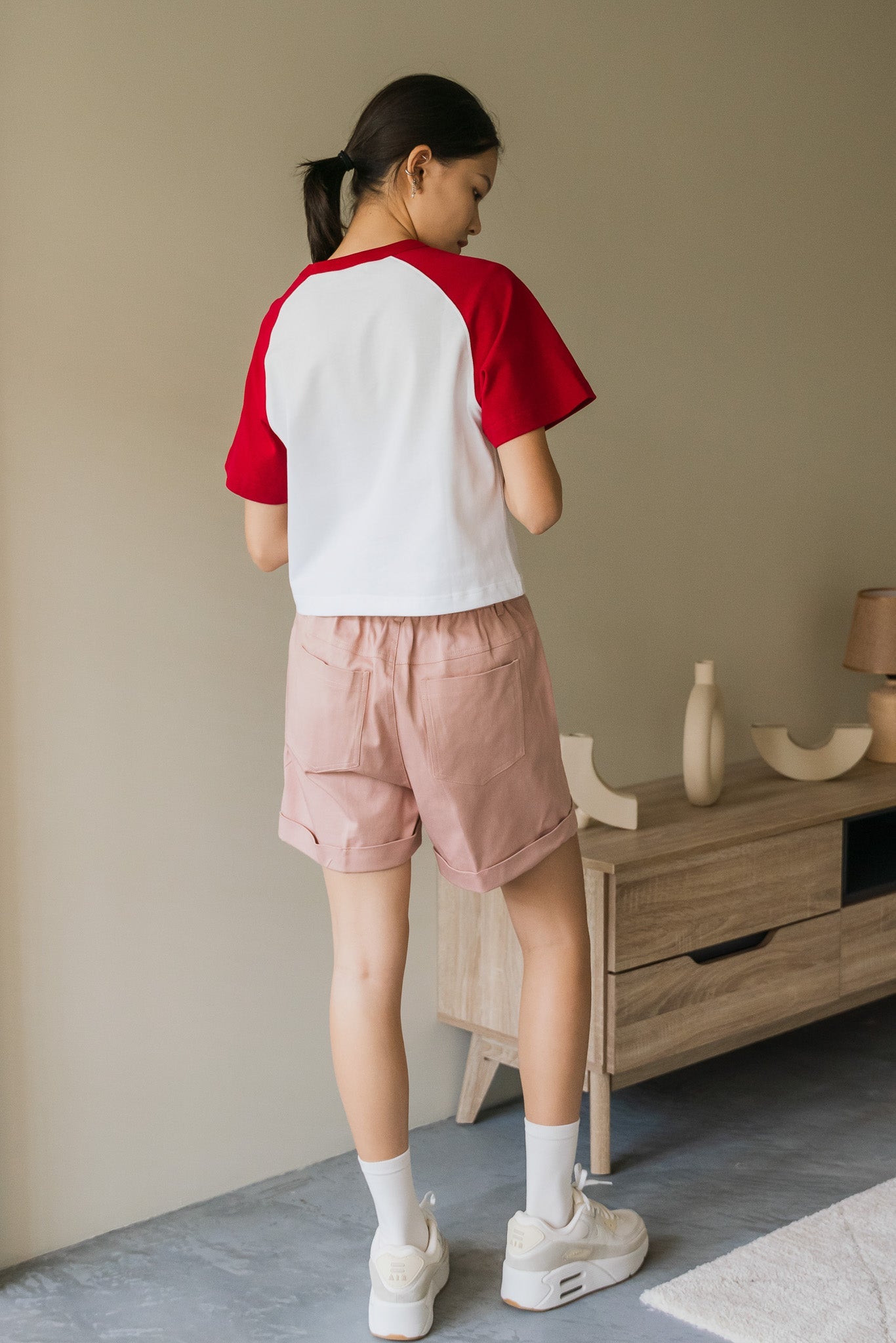 Colour Block Baseball Cropped Tee in Red