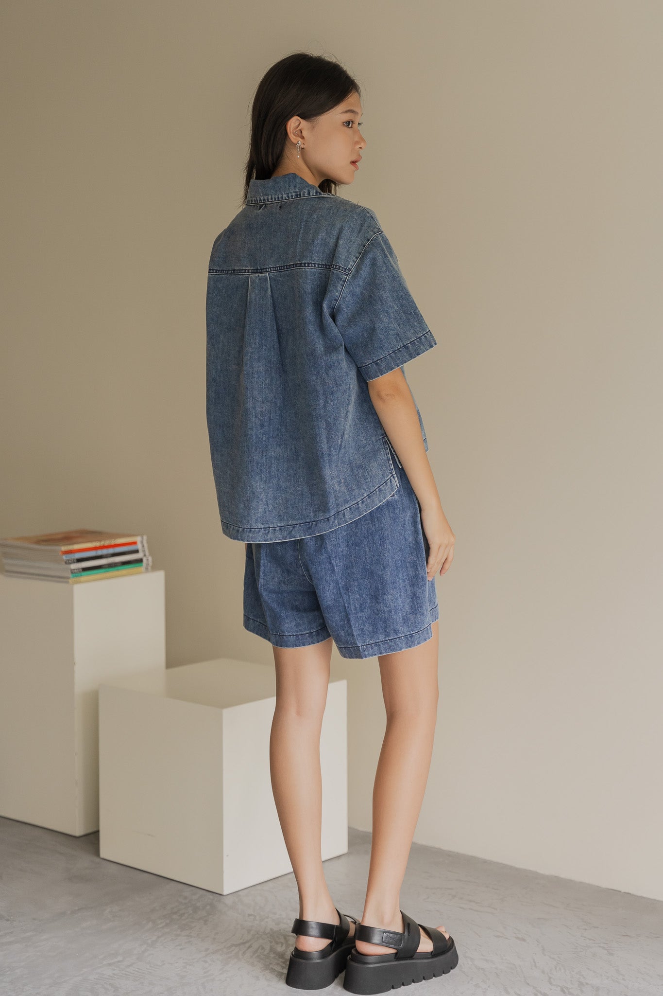 Oversized Denim Camp Collar Top in Mid Wash