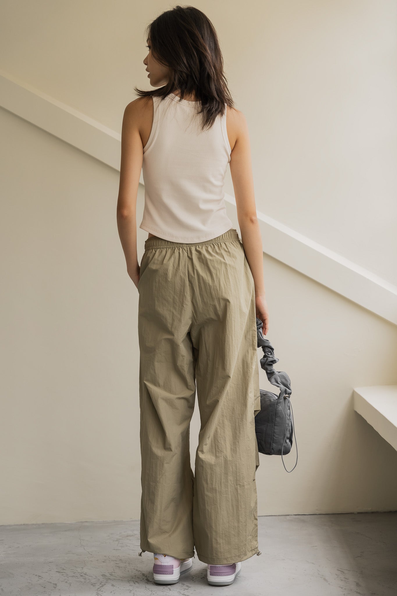 Pleat Detail Nylon Pants in Olive